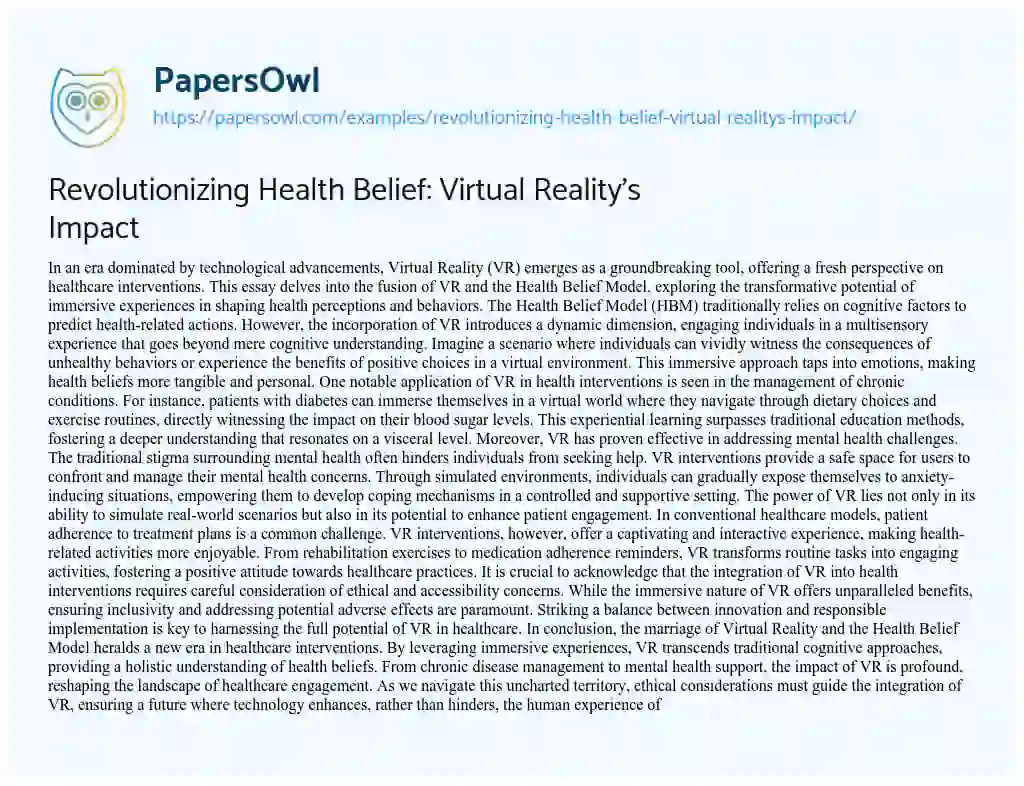 Essay on Revolutionizing Health Belief: Virtual Reality’s Impact