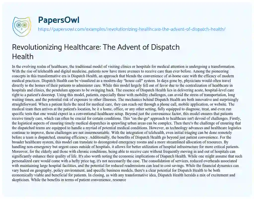 Essay on Revolutionizing Healthcare: the Advent of Dispatch Health