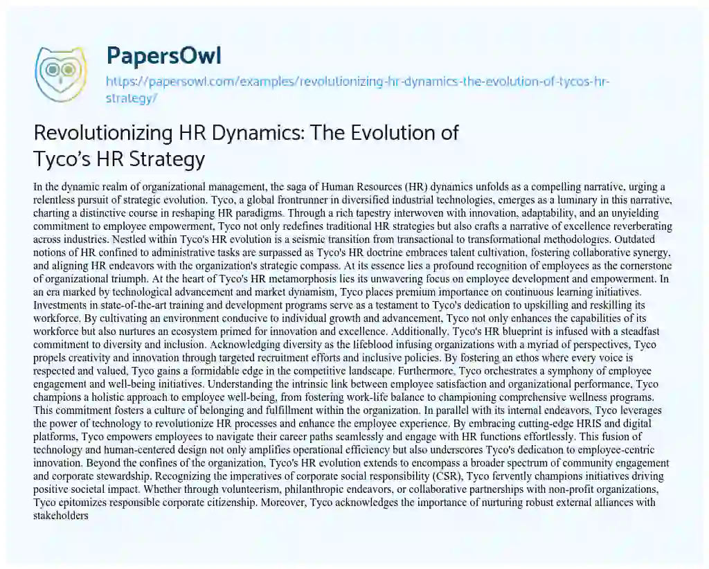 Essay on Revolutionizing HR Dynamics: the Evolution of Tyco’s HR Strategy