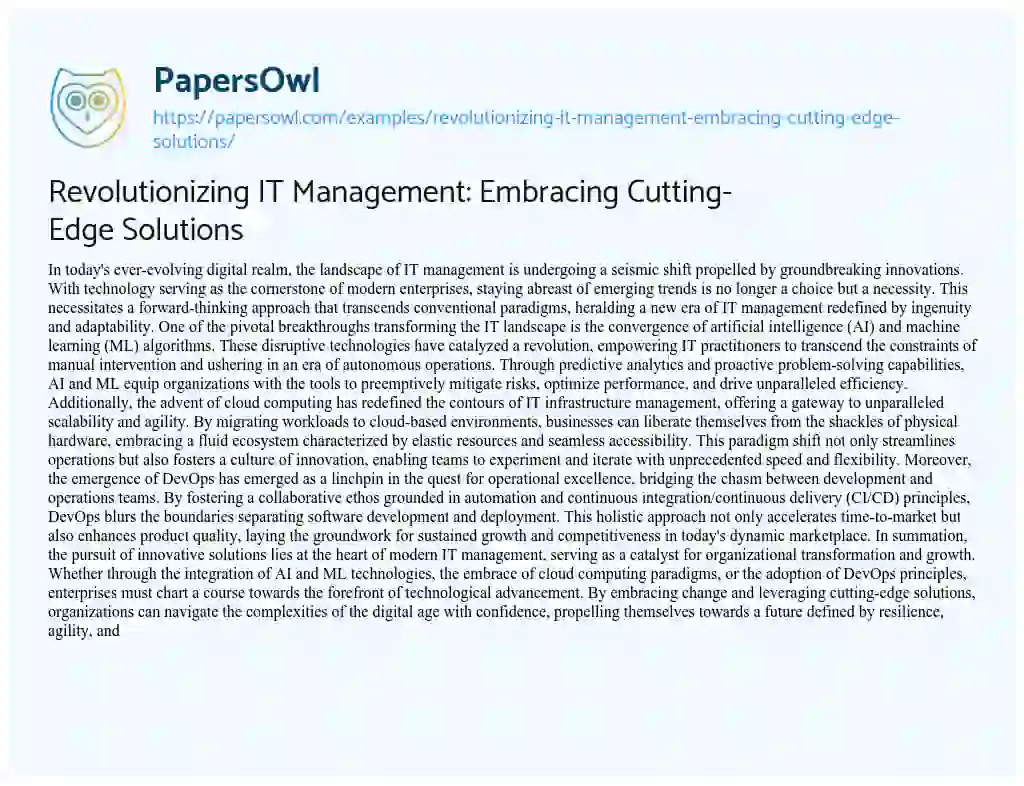 Essay on Revolutionizing it Management: Embracing Cutting-Edge Solutions