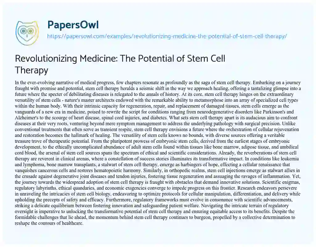 Essay on Revolutionizing Medicine: the Potential of Stem Cell Therapy