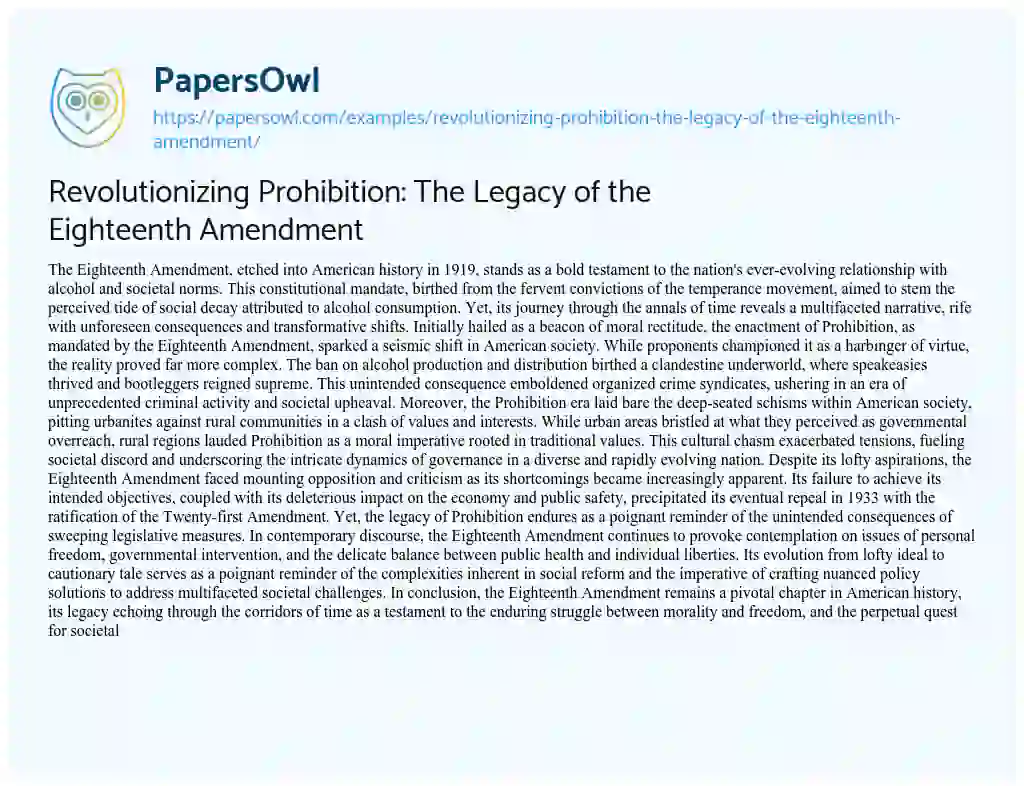 Essay on Revolutionizing Prohibition: the Legacy of the Eighteenth Amendment