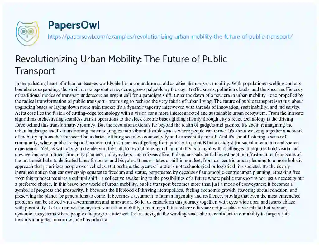 Essay on Revolutionizing Urban Mobility: the Future of Public Transport