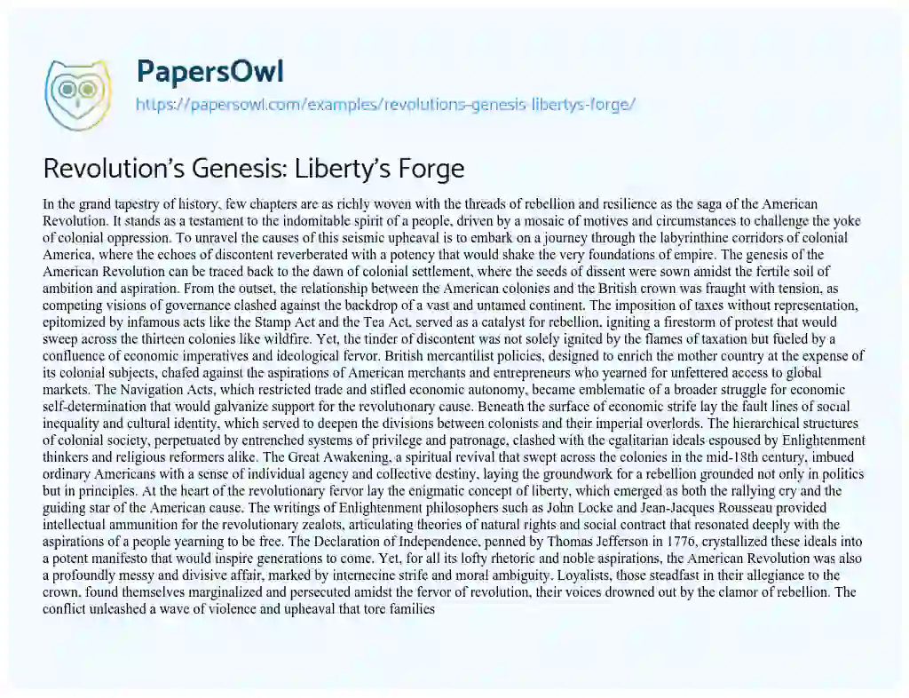 Essay on Revolution’s Genesis: Liberty’s Forge