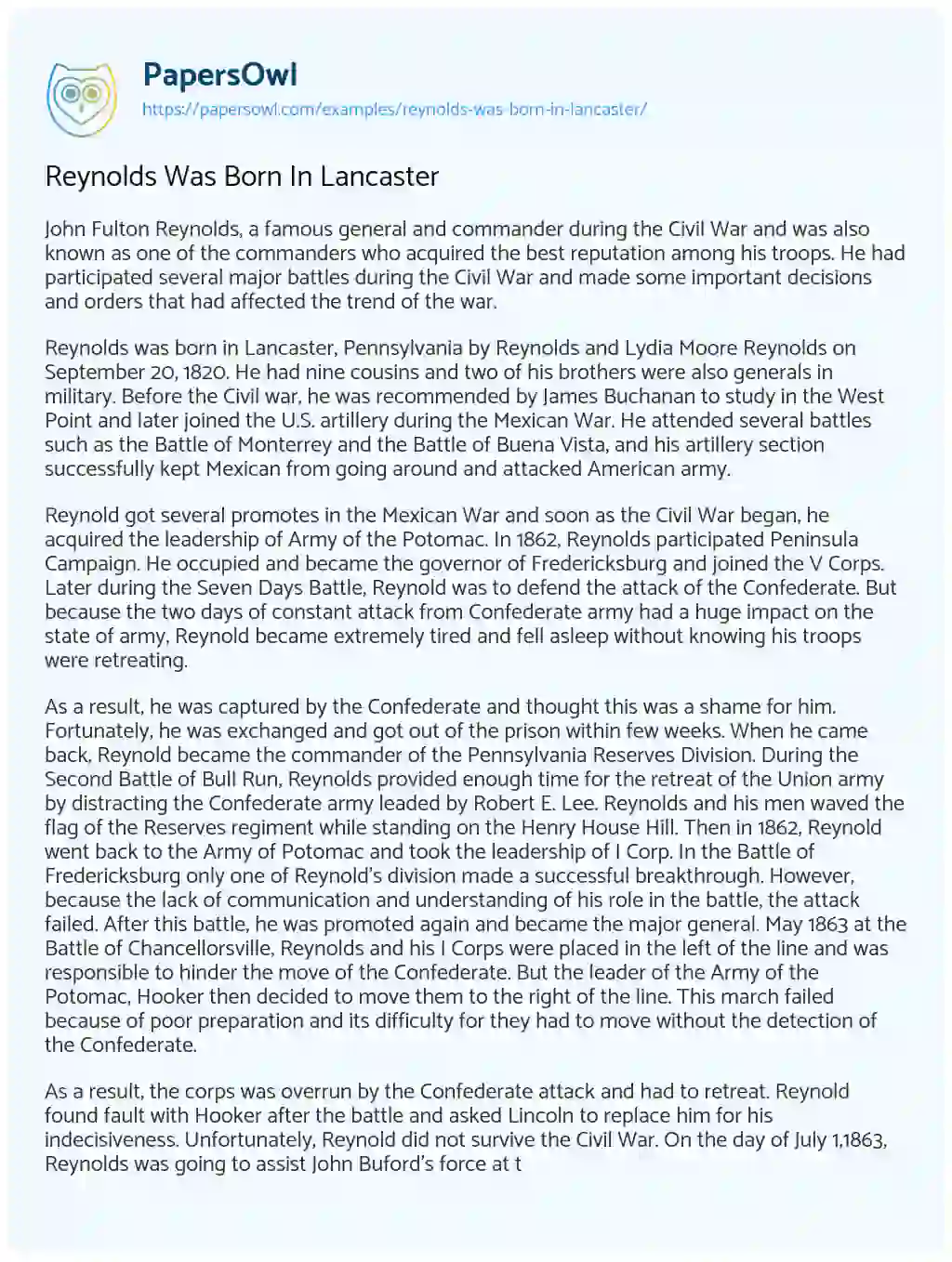 Essay on Reynolds was Born in Lancaster