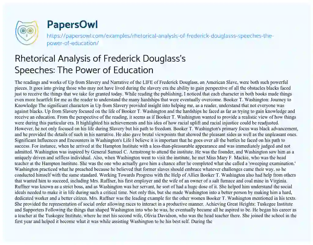 Essay on Rhetorical Analysis of Frederick Douglass’s Speeches: the Power of Education