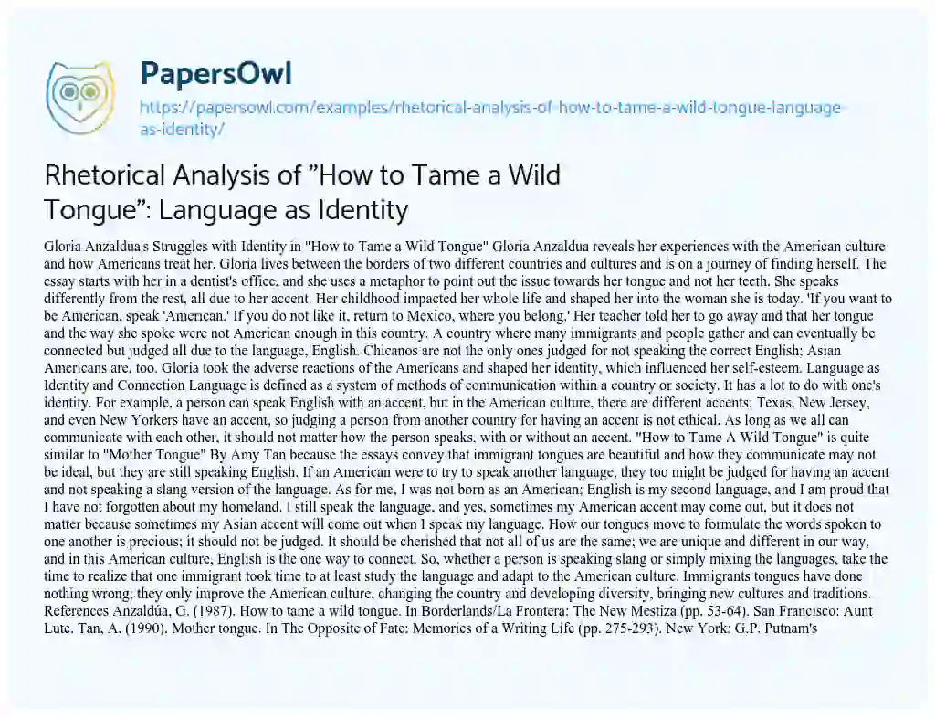 Essay on Rhetorical Analysis of “How to Tame a Wild Tongue”: Language as Identity