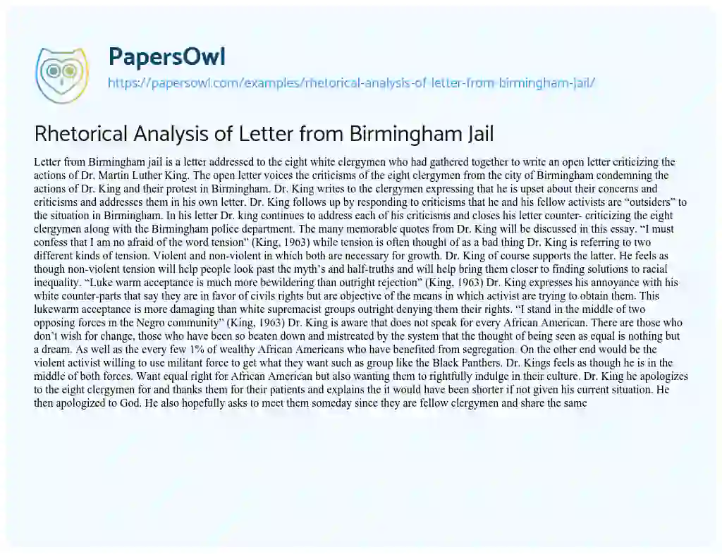 Essay on Rhetorical Analysis of Letter from Birmingham Jail