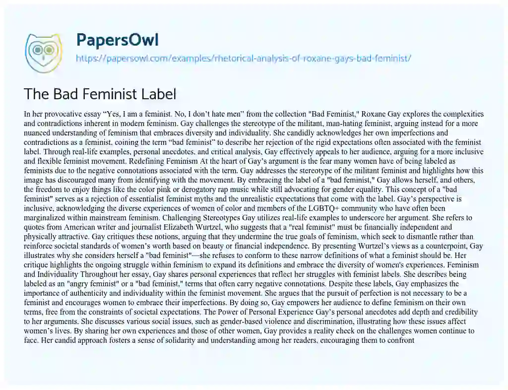 Essay on Rhetorical Analysis of Roxane Gay’s “Bad Feminist”