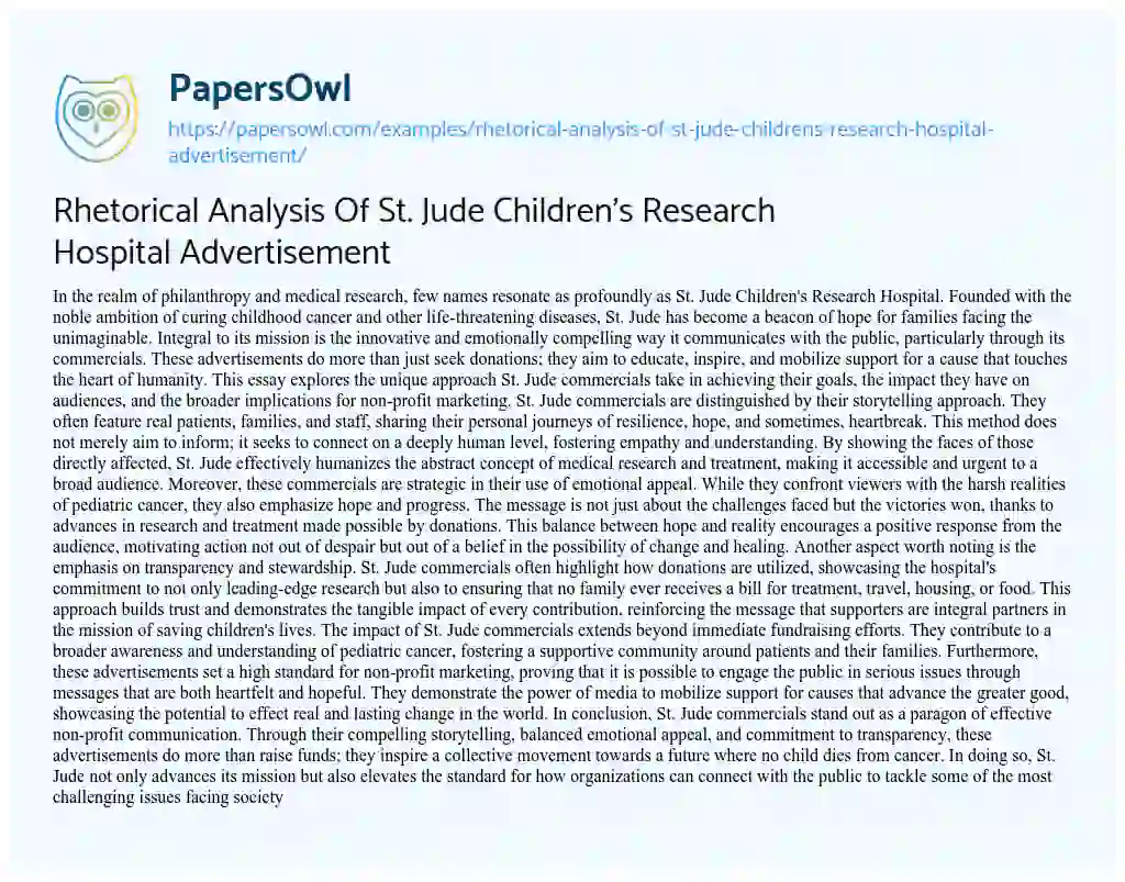 Essay on Rhetorical Analysis of St. Jude Children’s Research Hospital Advertisement