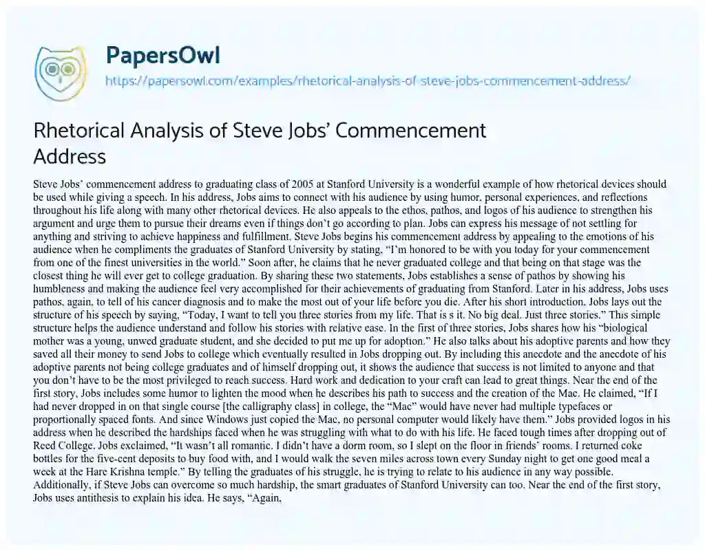 Rhetorical Analysis of Steve Jobs’ Commencement Address essay