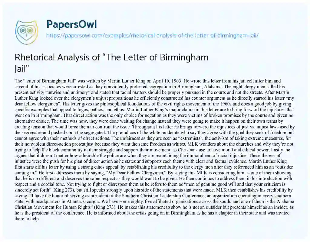 Essay on Rhetorical Analysis of “The Letter of Birmingham Jail”