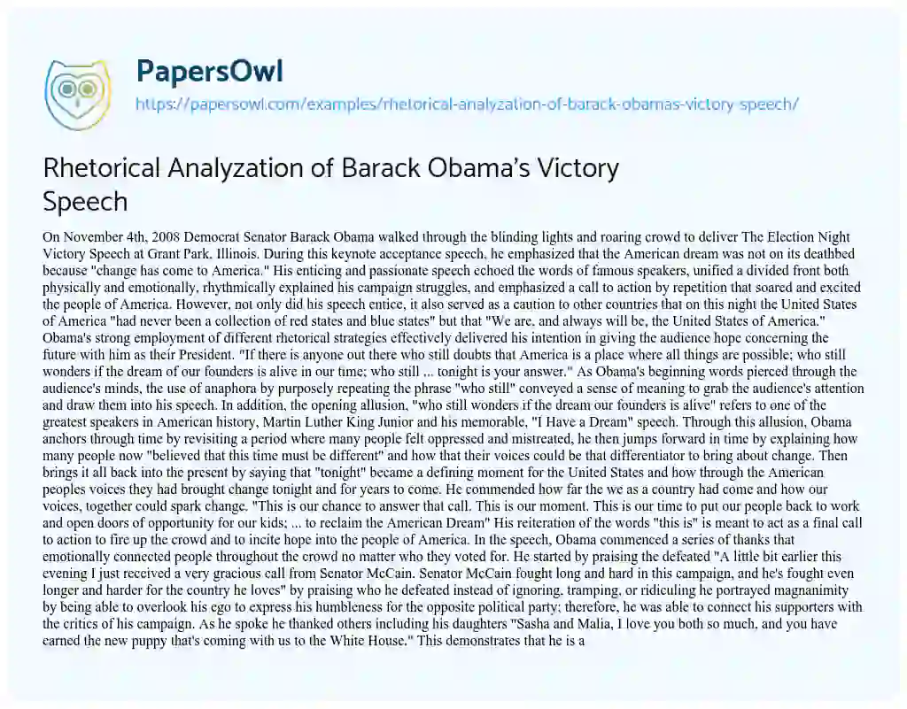 Rhetorical Analyzation of Barack Obama’s Victory Speech essay