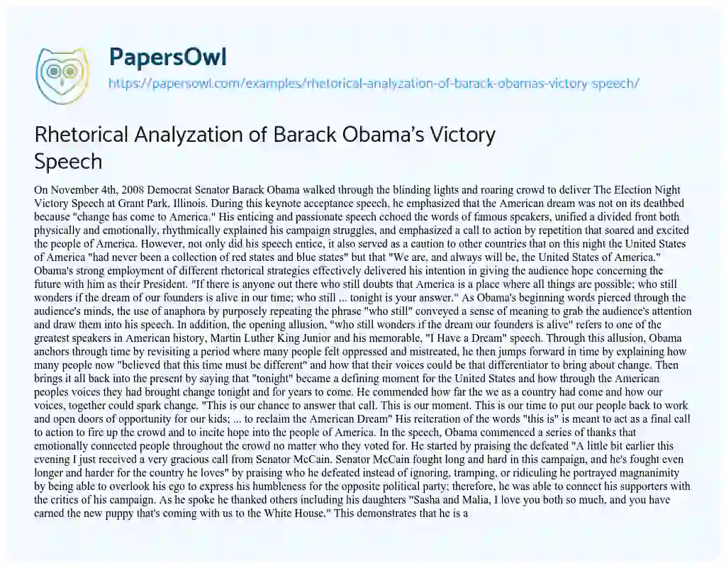 Essay on Rhetorical Analyzation of Barack Obama’s Victory Speech