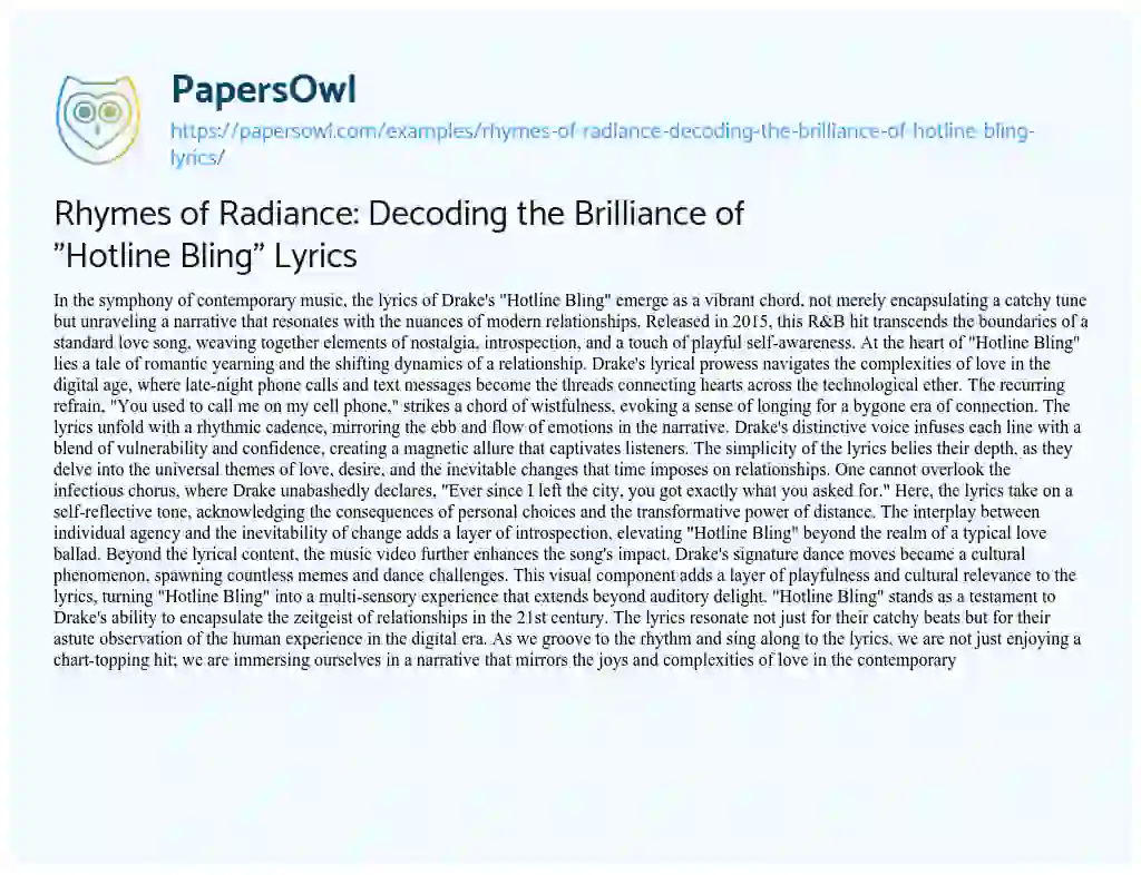 Essay on Rhymes of Radiance: Decoding the Brilliance of “Hotline Bling” Lyrics