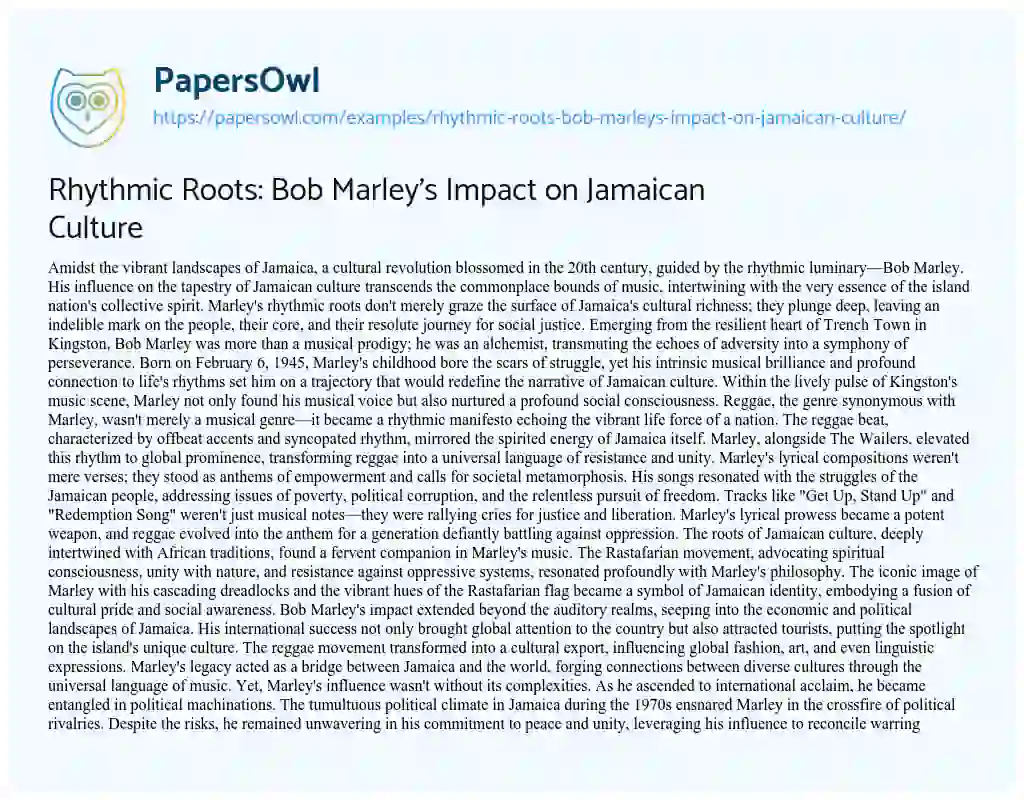 Essay on Rhythmic Roots: Bob Marley’s Impact on Jamaican Culture