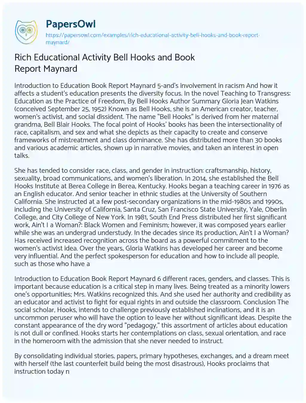 Essay on Rich Educational Activity Bell Hooks and Book Report Maynard