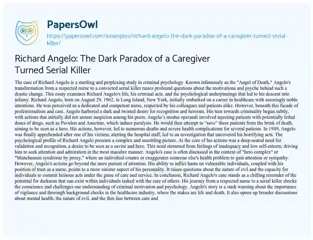 Essay on Richard Angelo: The Dark Paradox of a Caregiver Turned Serial Killer