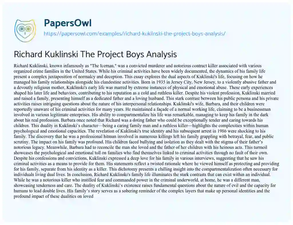 Essay on Richard Kuklinski the Project Boys Analysis