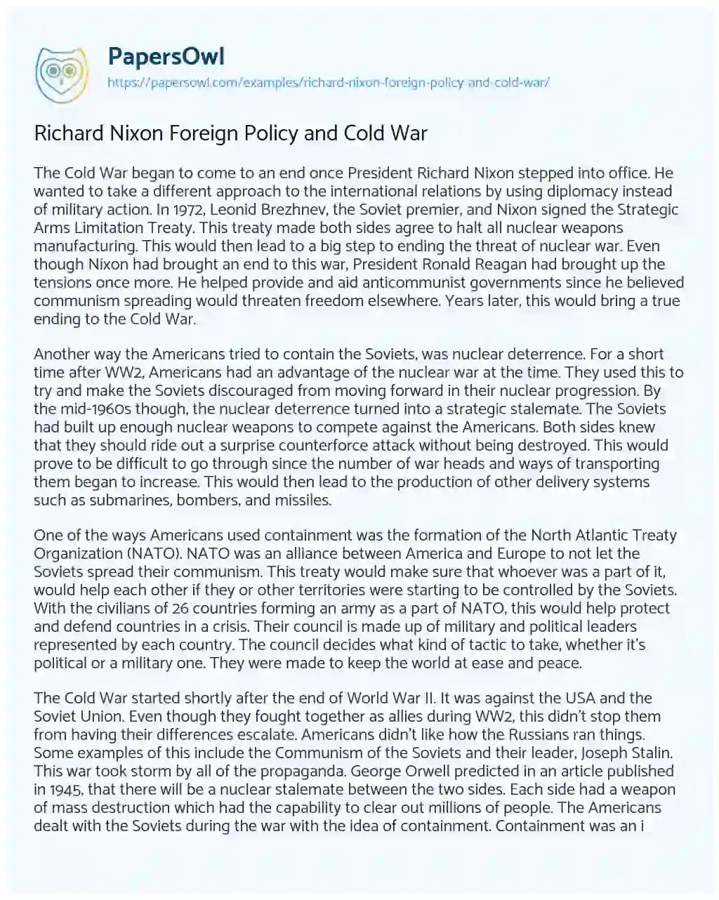 Essay on Richard Nixon Foreign Policy and Cold War