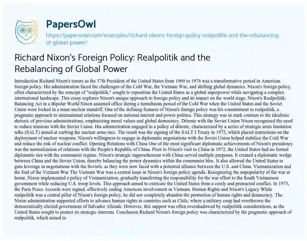 Essay on Richard Nixon’s Foreign Policy: Realpolitik and the Rebalancing of Global Power