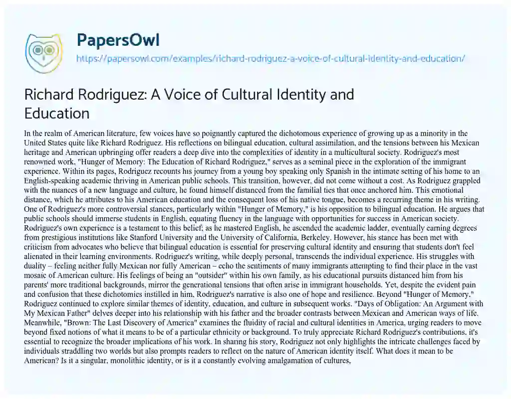 Essay on Richard Rodriguez: a Voice of Cultural Identity and Education