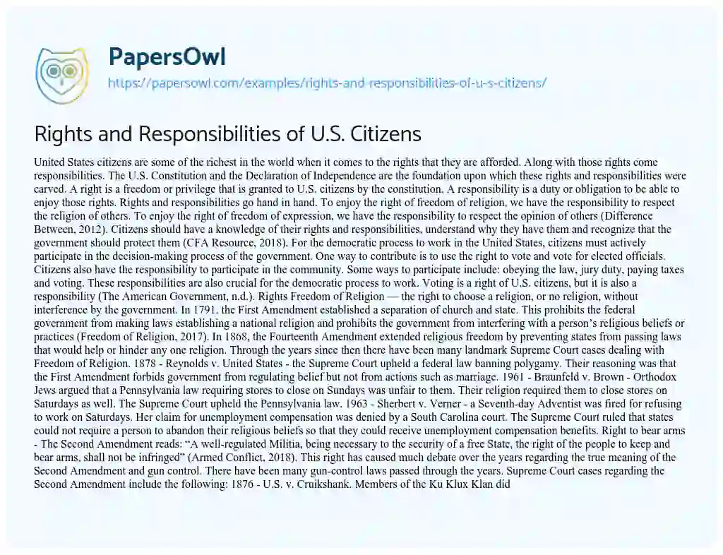 Essay on Rights and Responsibilities of U.S. Citizens