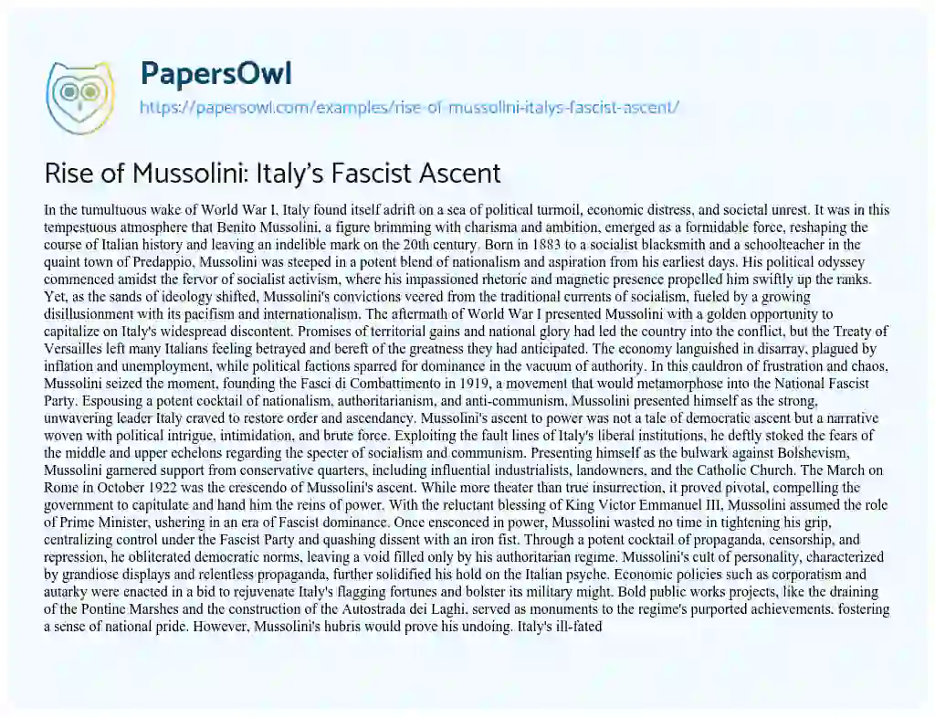 Essay on Rise of Mussolini: Italy’s Fascist Ascent