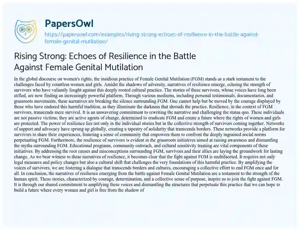 Essay on Rising Strong: Echoes of Resilience in the Battle against Female Genital Mutilation