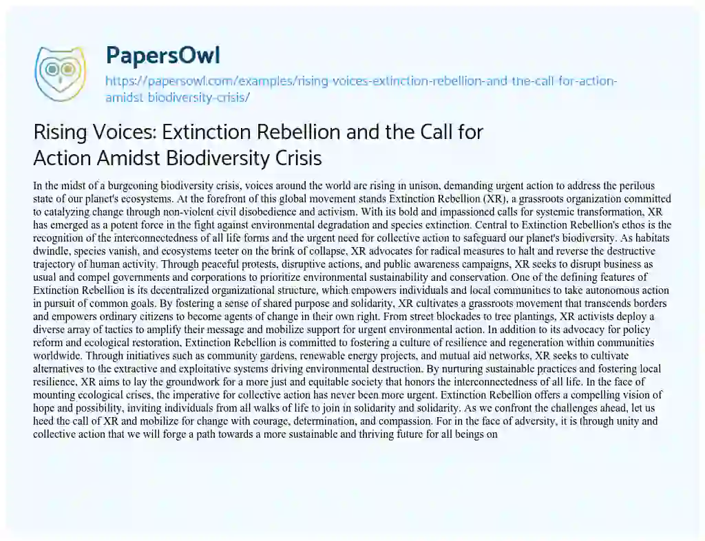 Essay on Rising Voices: Extinction Rebellion and the Call for Action Amidst Biodiversity Crisis