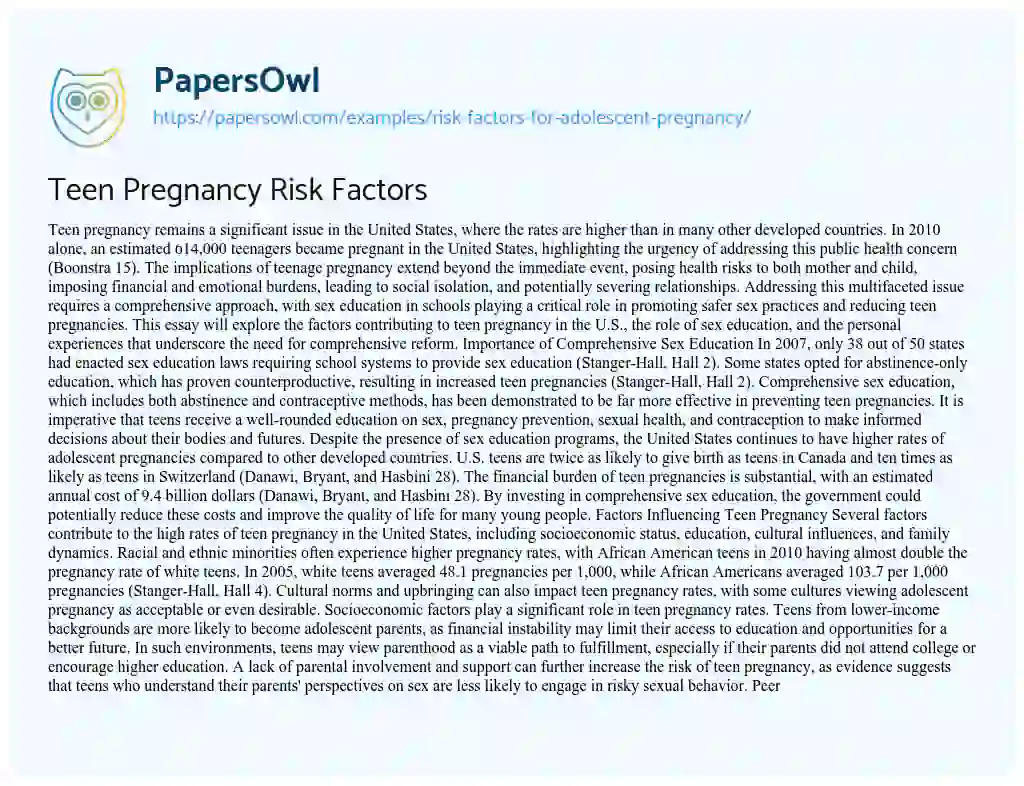 Essay on Risk Factors for Adolescent Pregnancy