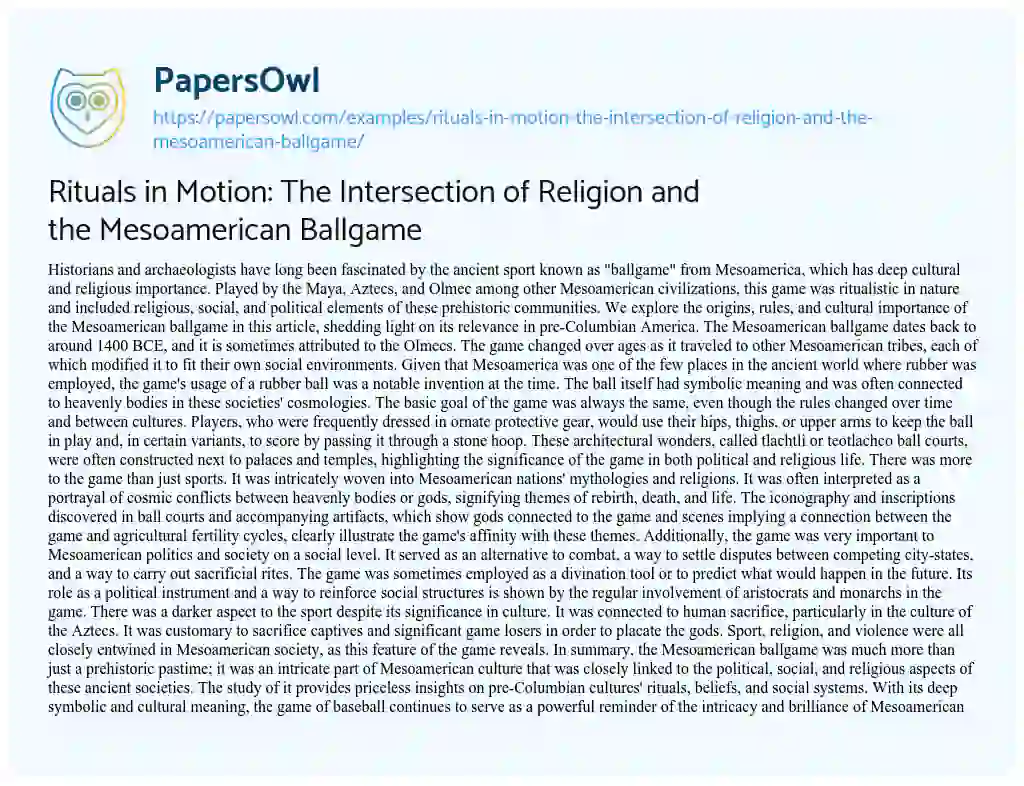 Essay on Rituals in Motion: the Intersection of Religion and the Mesoamerican Ballgame