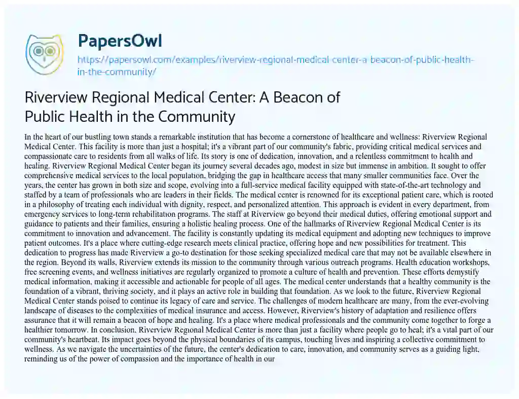 Essay on Riverview Regional Medical Center: a Beacon of Public Health in the Community