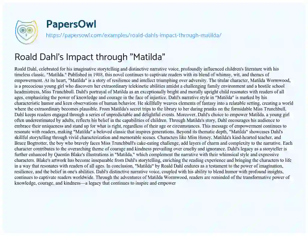 Essay on Roald Dahl’s Impact through “Matilda”