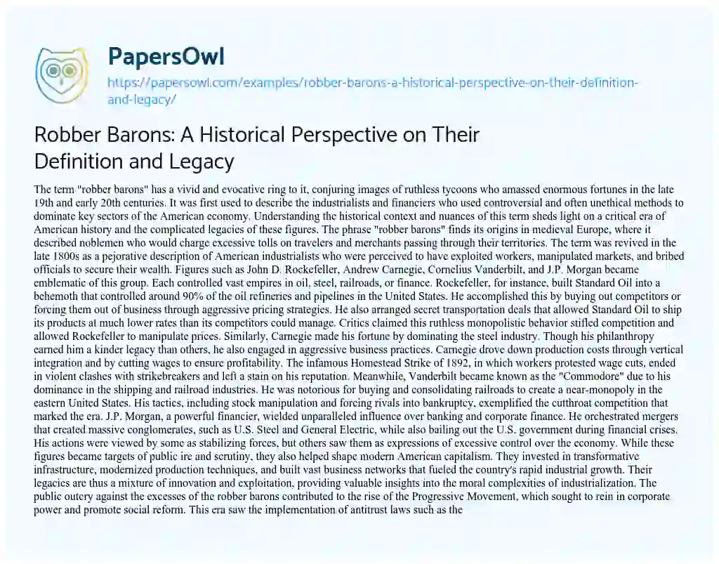 Essay on Robber Barons: a Historical Perspective on their Definition and Legacy
