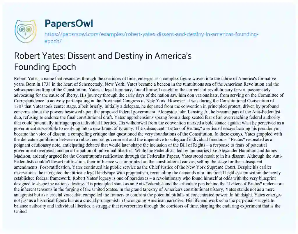 Essay on Robert Yates: Dissent and Destiny in America’s Founding Epoch