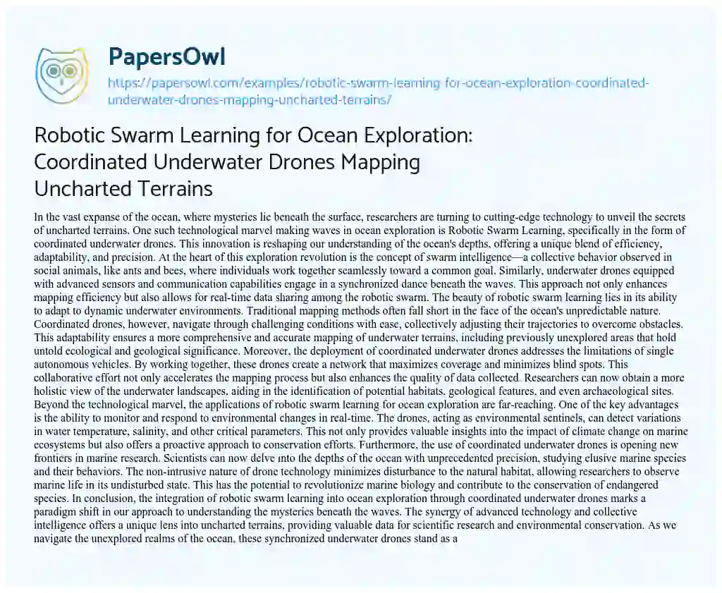 Essay on Robotic Swarm Learning for Ocean Exploration: Coordinated Underwater Drones Mapping Uncharted Terrains