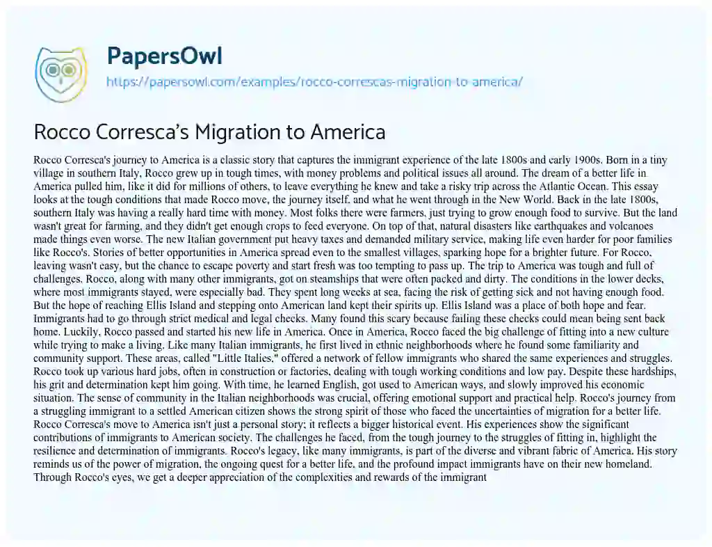 Essay on Rocco Corresca’s Migration to America