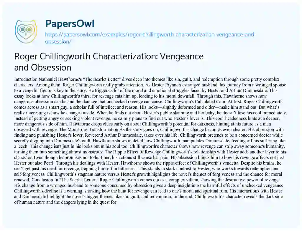 Essay on Roger Chillingworth Characterization: Vengeance and Obsession