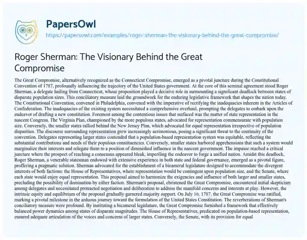 Essay on Roger Sherman: the Visionary Behind the Great Compromise