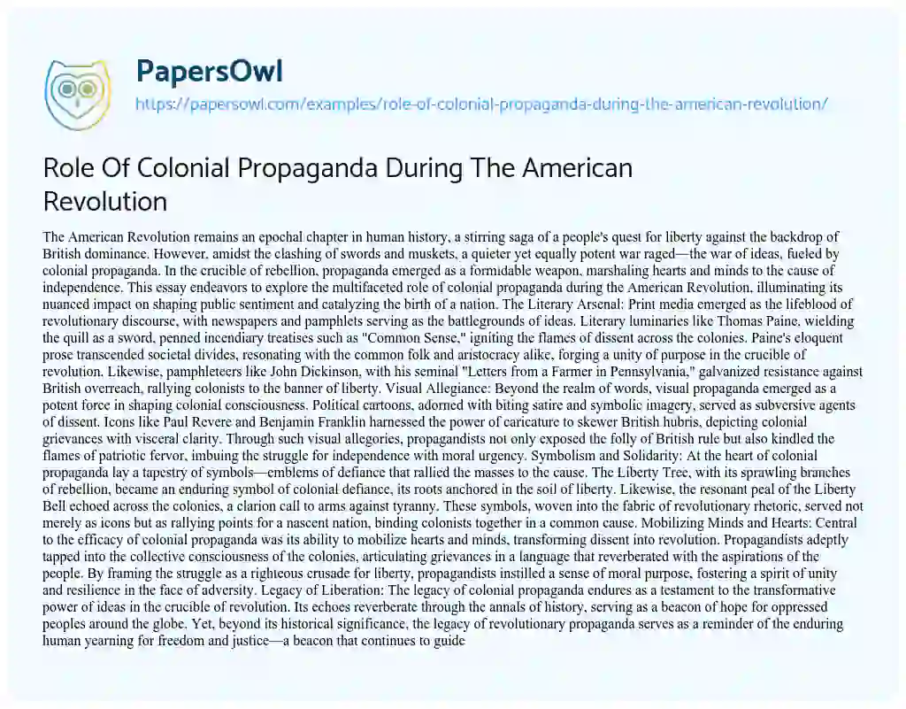 Essay on Role of Colonial Propaganda during the American Revolution