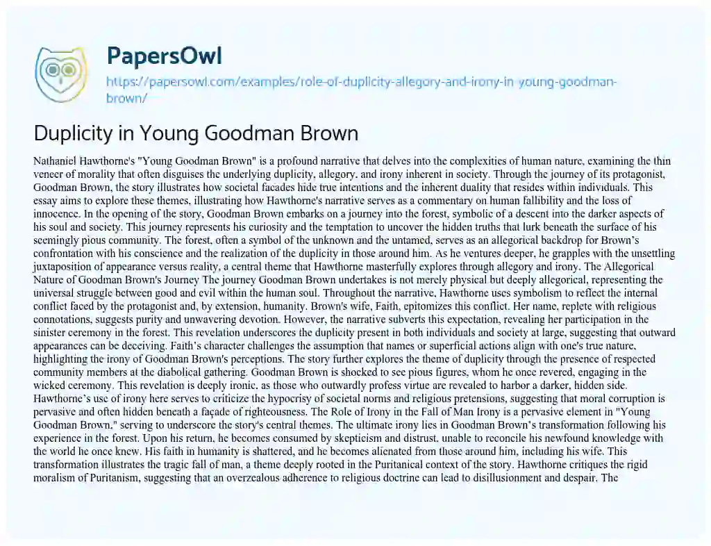 Essay on Role of Duplicity, Allegory, and Irony in “Young Goodman Brown”