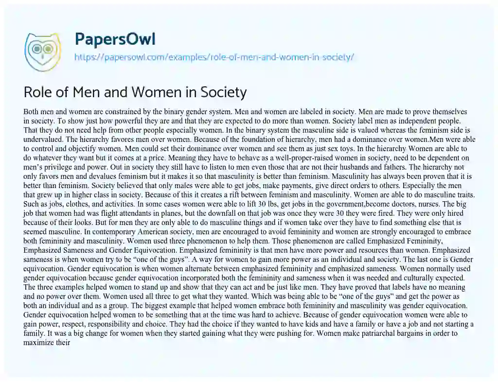 Essay on Role of Men and Women in Society