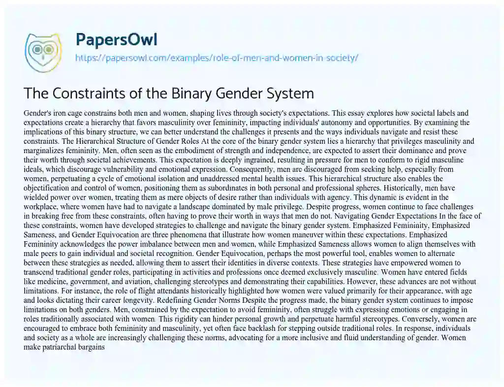 Essay on Role of Men and Women in Society