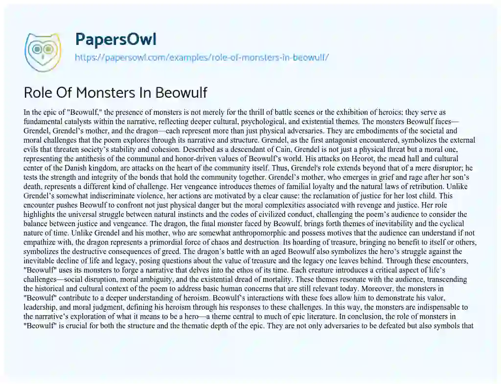Essay on Role of Monsters in Beowulf