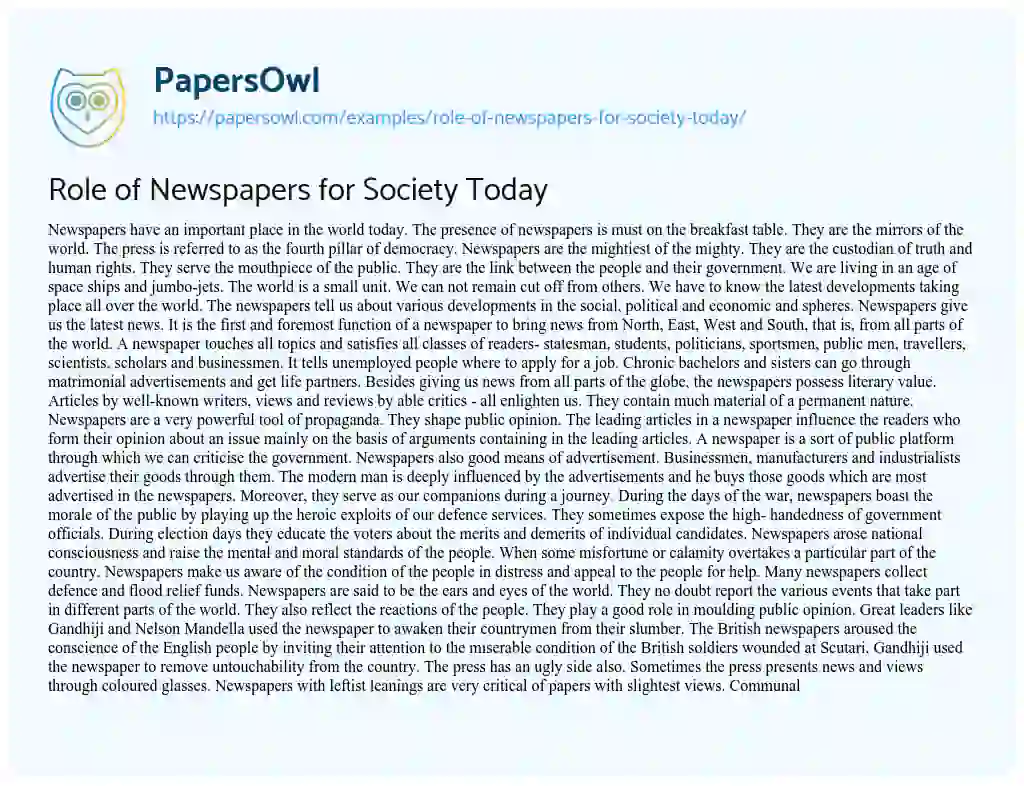 Role of Newspapers for Society Today essay