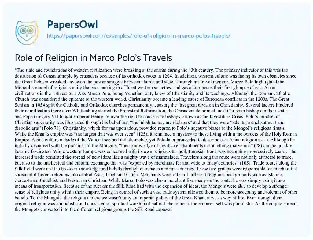 Role of Religion in Marco Polo’s Travels essay
