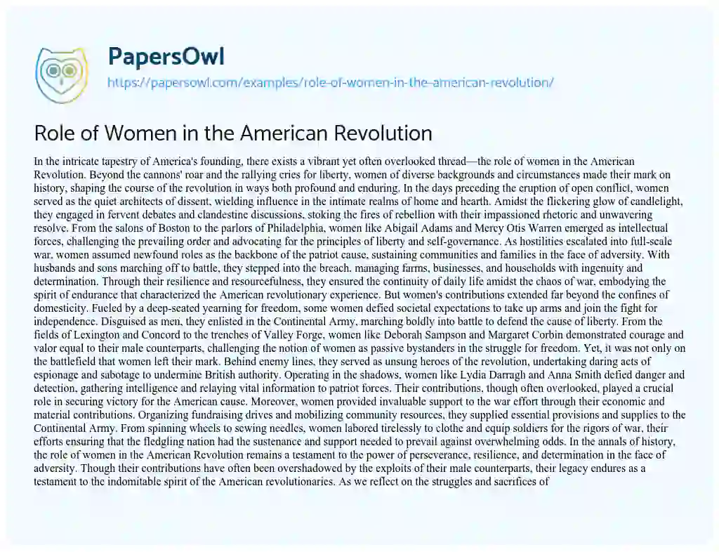 Essay on Role of Women in the American Revolution
