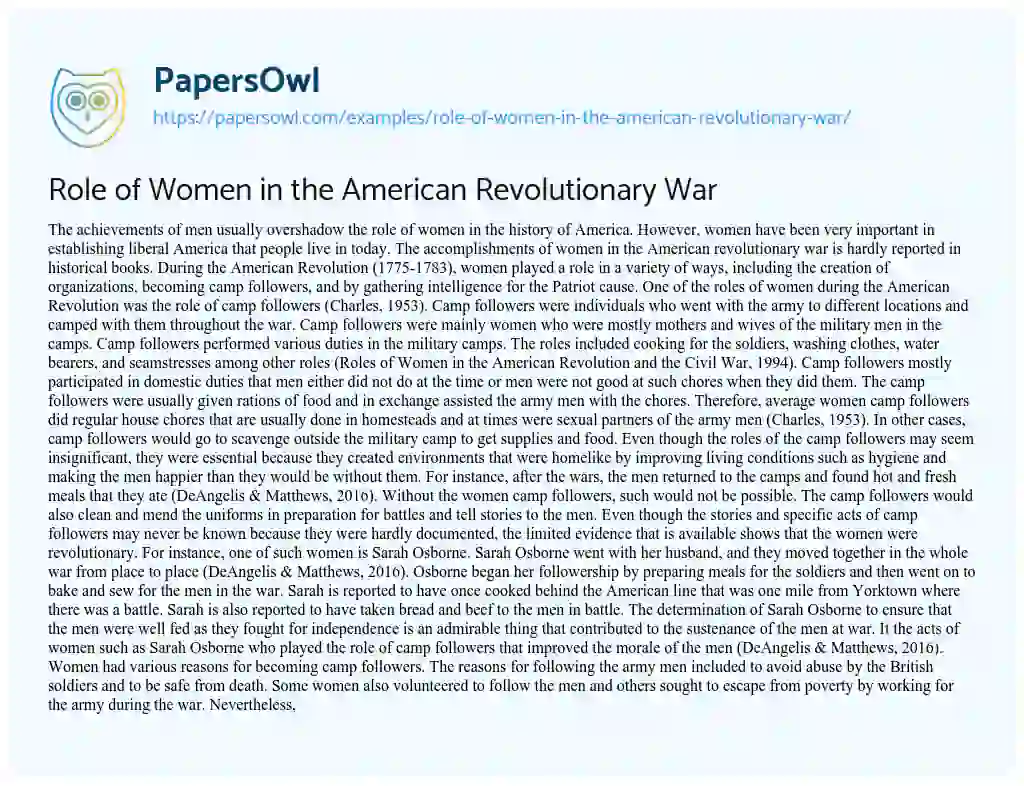 Essay on Role of Women in the American Revolutionary War