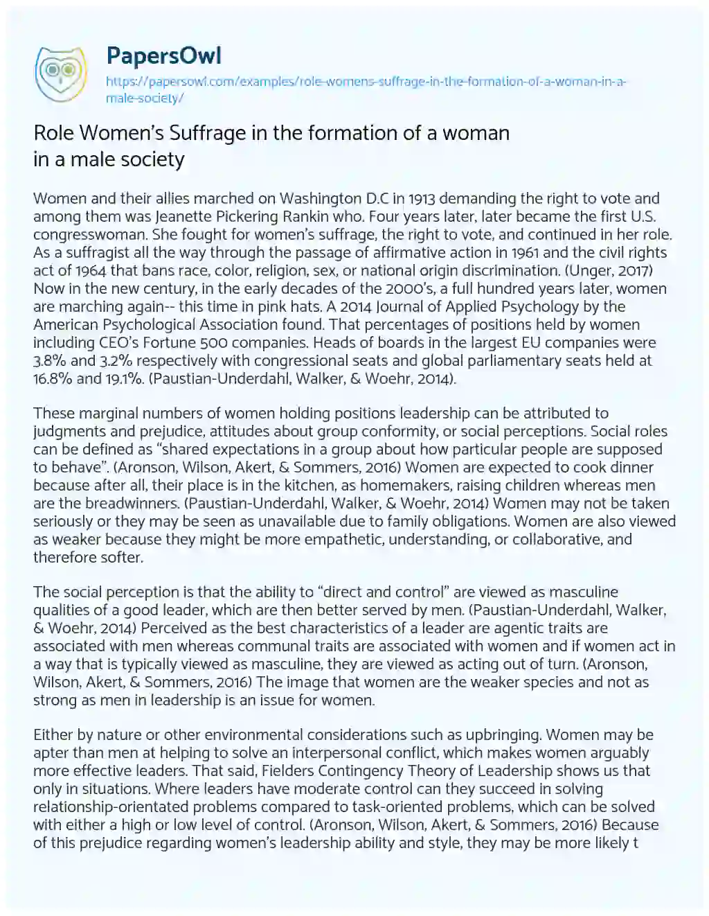 Essay on Role Women’s Suffrage in the Formation of a Woman in a Male Society